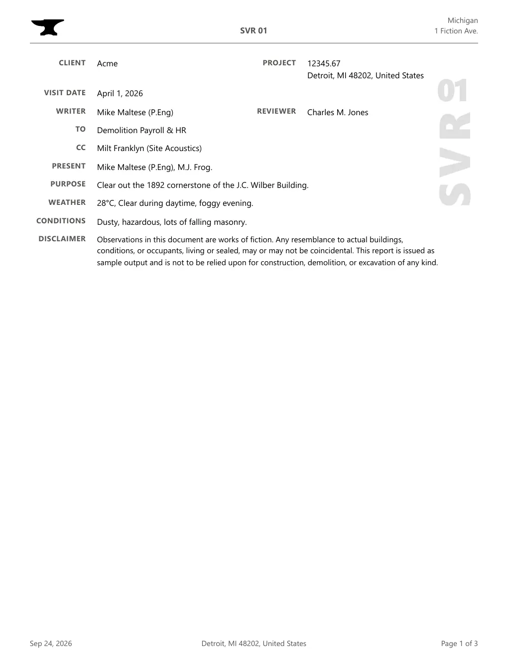 Open the example PDF at page 1: project details, including client, visit date, writer, reviewer, recipients, purpose, weather, site conditions and a disclaimer.