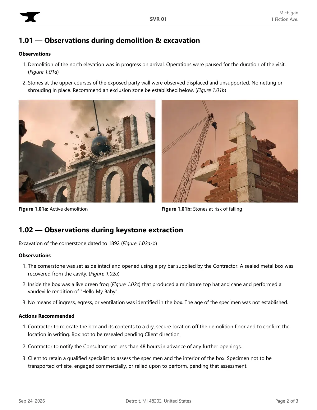 Open the example PDF at page 2: two sections of numbered observations and recommended actions, with two captioned site photos.