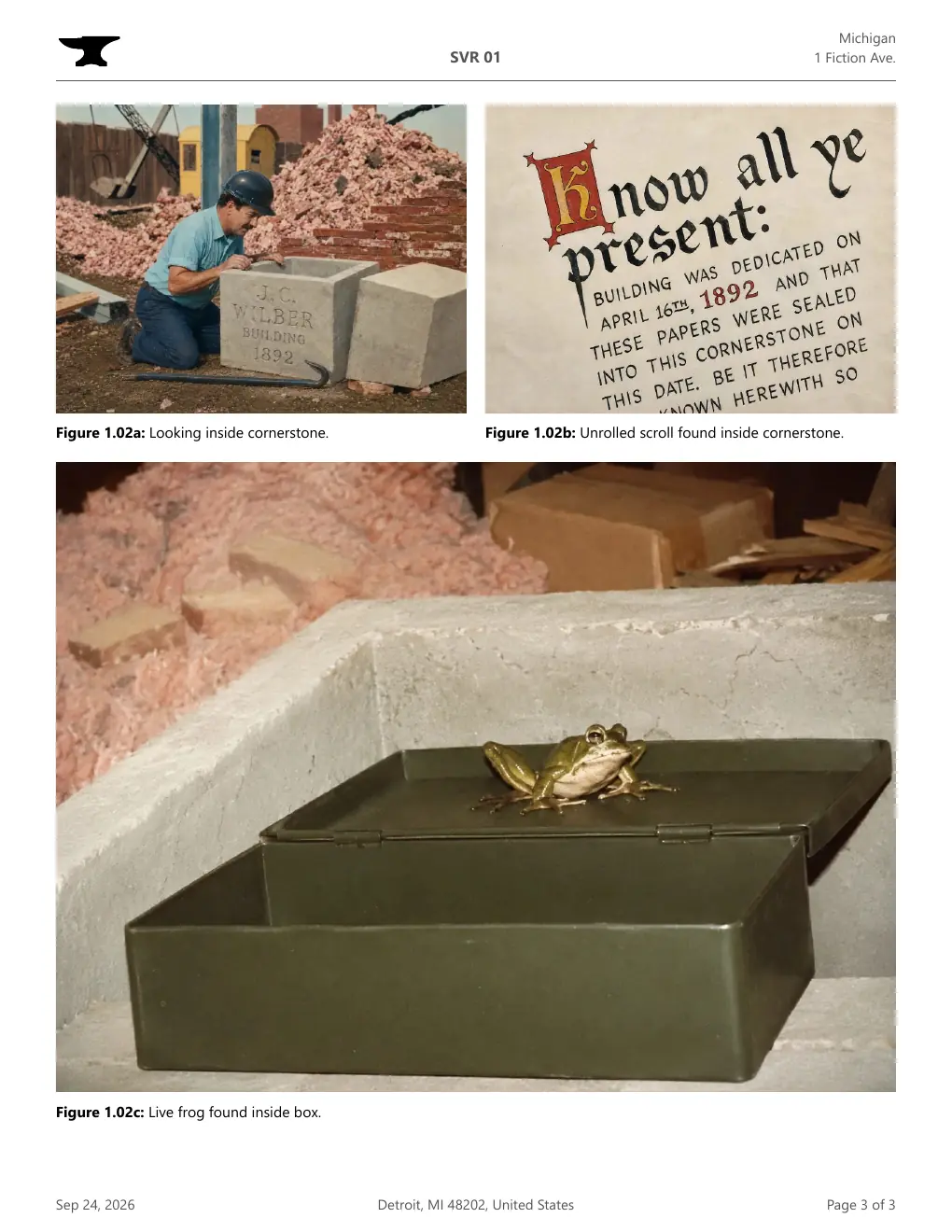 Open the example PDF at page 3: three captioned site photos, one of them full width.
